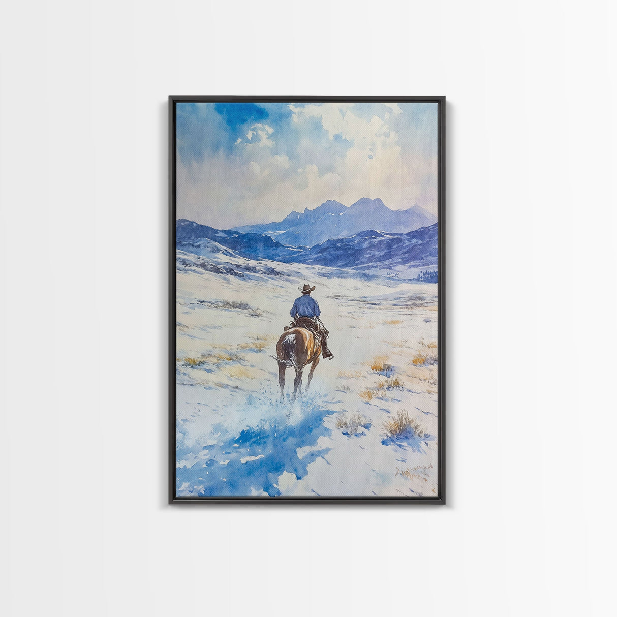 Cowboy riding through snowy mountain pass, Framed Canvas Print, western winter landscape wall art, farmhouse holiday decor Christmas gift