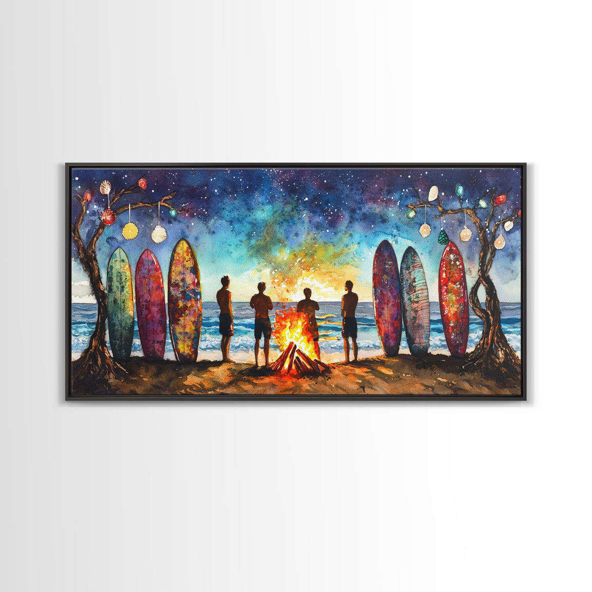 Canvas Print Beach Bonfire with Surfboards Under Stars, Coastal Christmas Art, Tropical Holiday Wall Art, Beach Christmas Decor