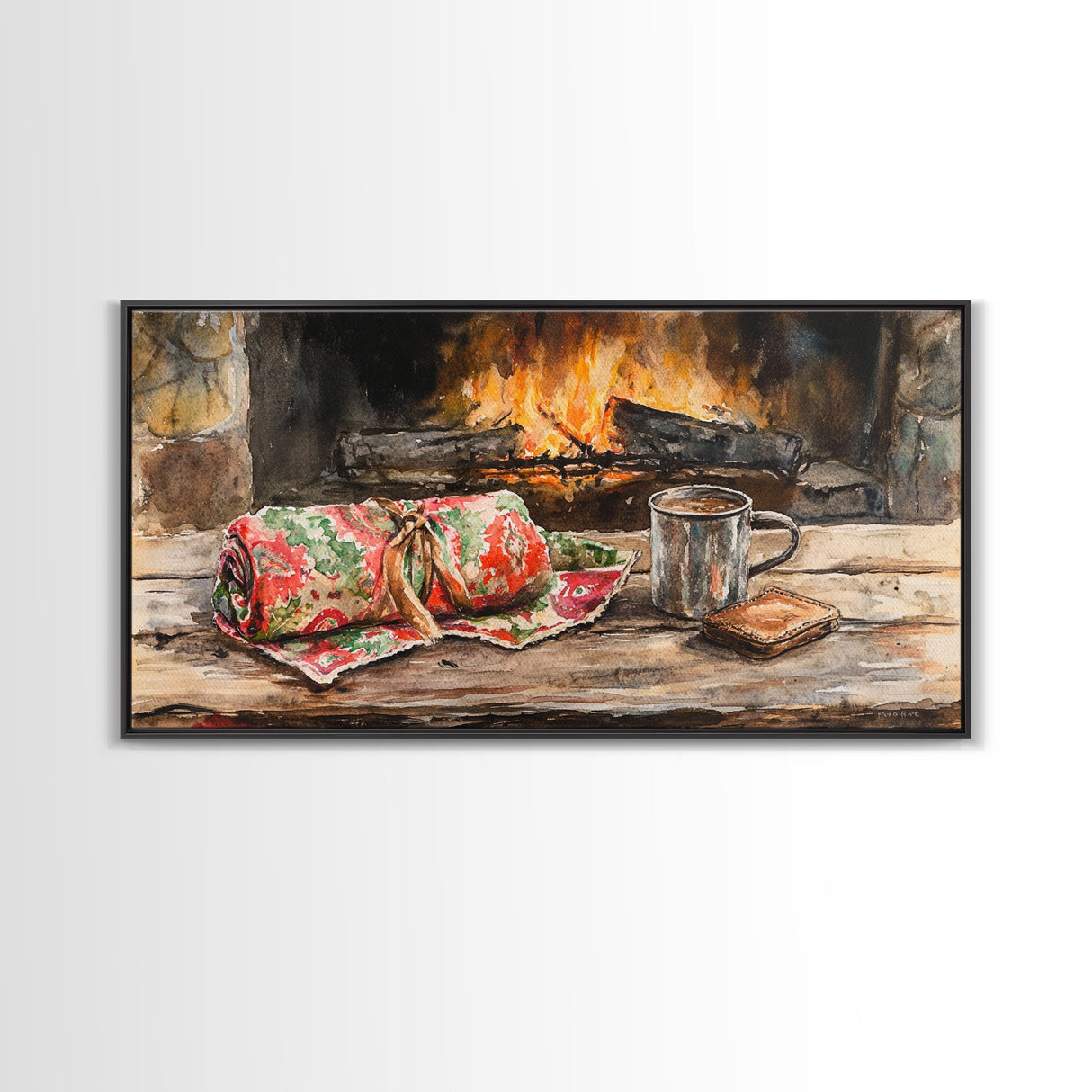 Canvas Print Cozy Fireplace with Christmas Blanket and Mug, Rustic Christmas Decor, Holiday Home Art, Warm Christmas Wall Art