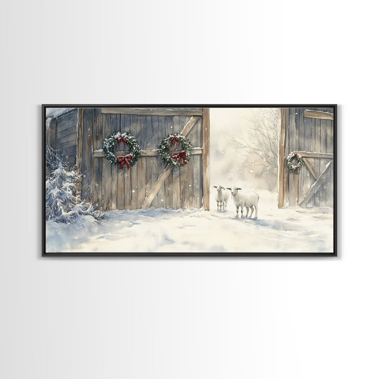 Christmas decor farmhouse Framed Canvas Print snowy barn Christmas scene holiday wall art best gift Christmas decor Christmas tree art 2024