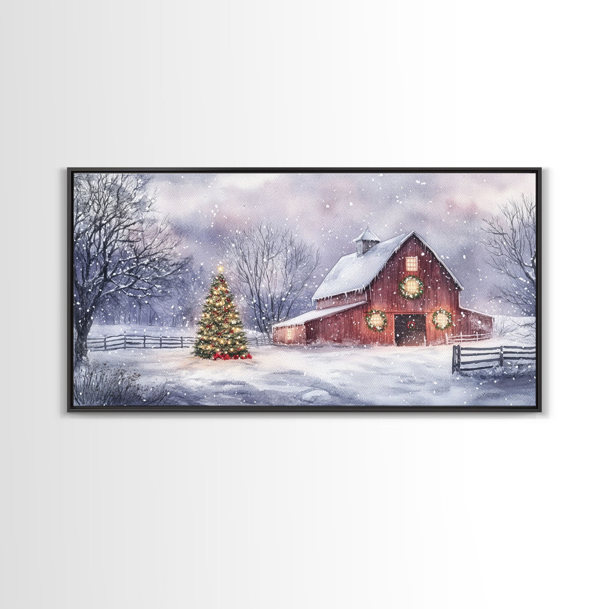 Christmas decor farmhouse Framed Canvas Print snowy barn scene holiday wall art Christmas tree decor best gift Christmas holiday home decor
