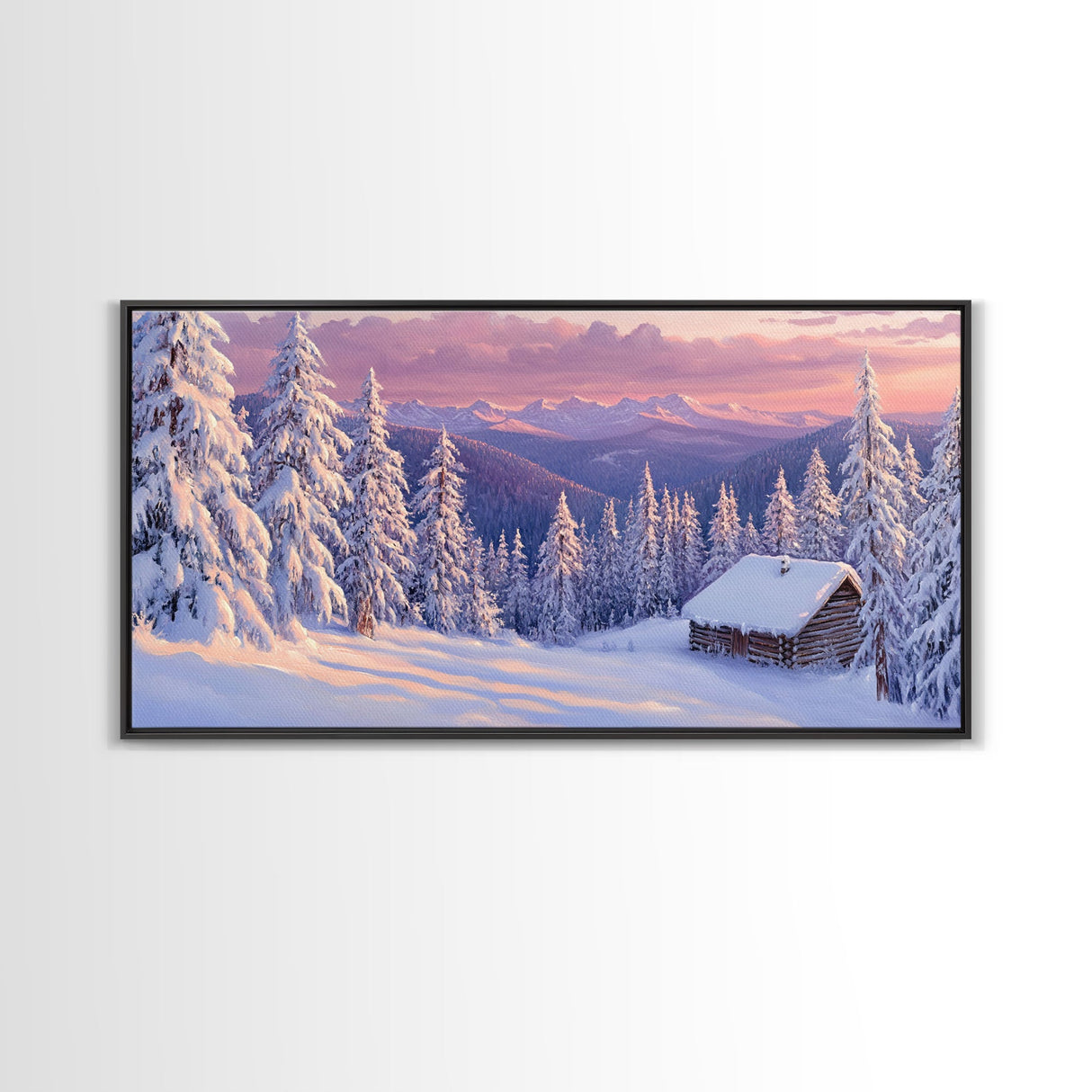 Mountain Cabin At Sunrise Tall Art Framed Canvas Print Winter Snow Covered Trees And Cabin In Mountains With Pastel Sky