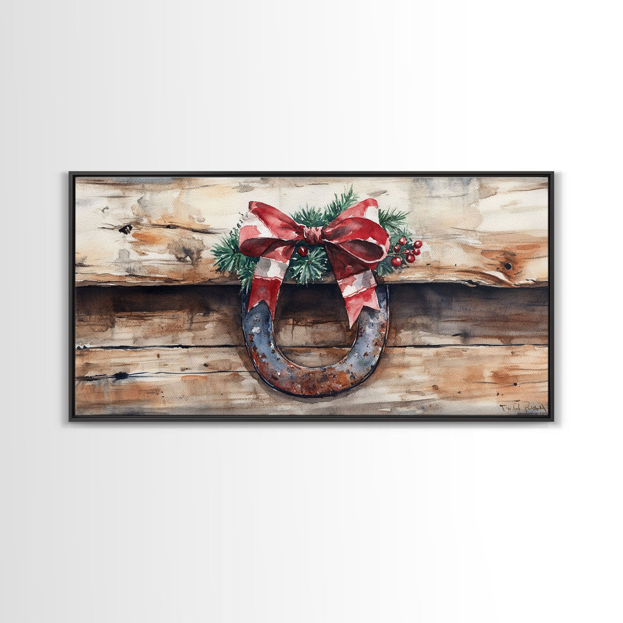 Festive horseshoe Christmas art, rustic holiday decor, farmhouse holiday gift idea, cozy winter home decor, framed canvas print