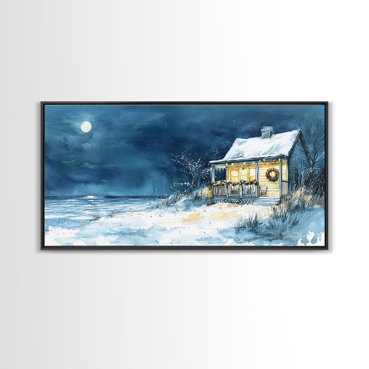 Coastal Christmas cabin decor, winter beach house art, snowy holiday seaside print, cozy Christmas wall art, framed canvas print