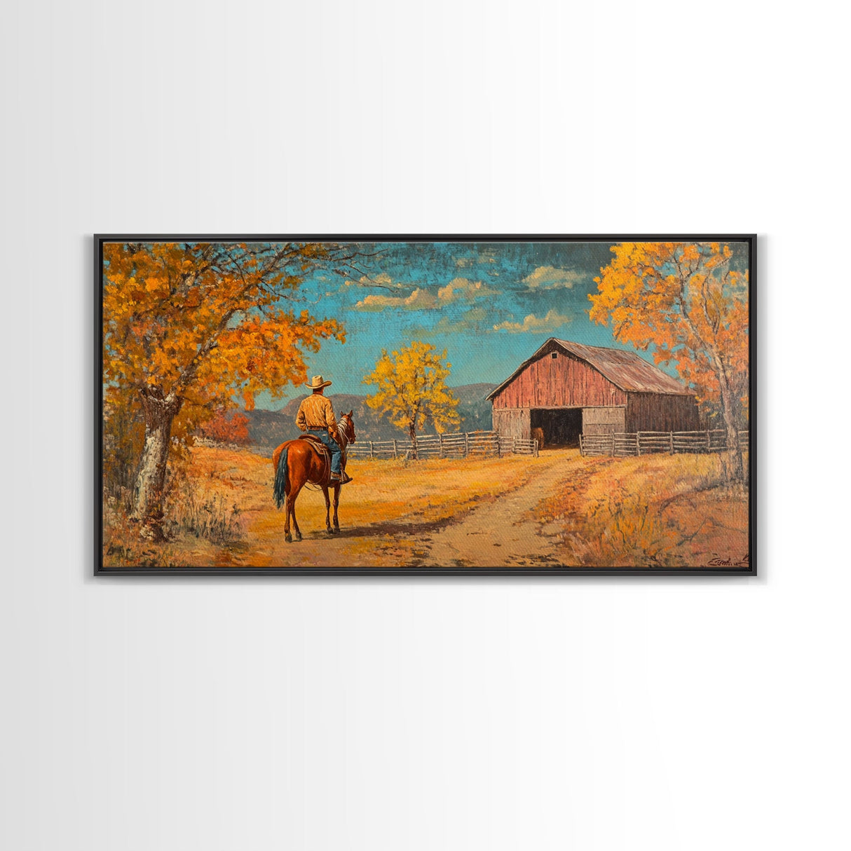 Cowboy Horse Autumn River Framed Canvas Print Perfect Above Sofa Fall Cowboy Art Moody Landscape Fall Western Wall Art