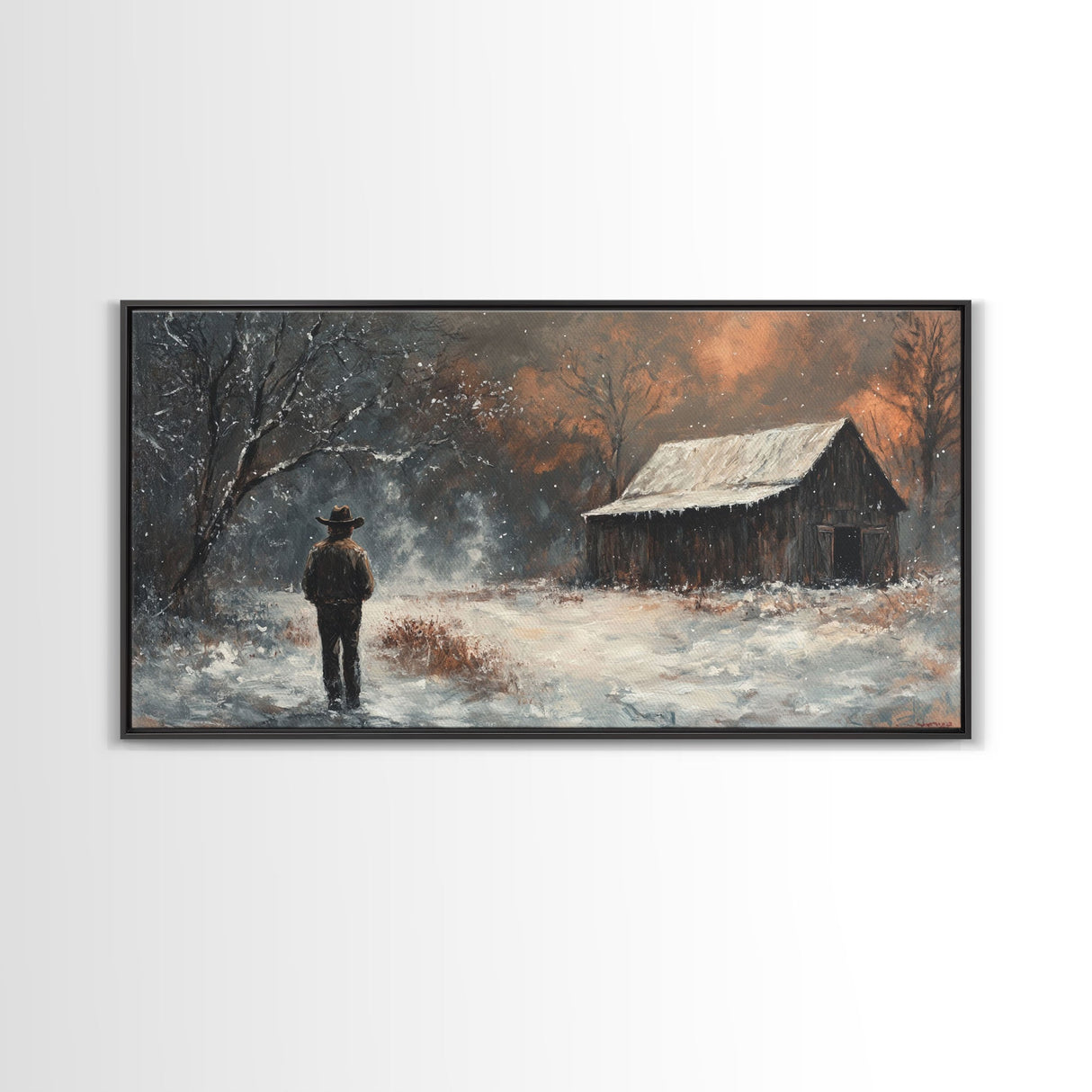 Cowboy On The Farm, Framed Canvas Print Fall Cowboy Wall Art Above Sofa Decor Moody Fall Western Wall Art