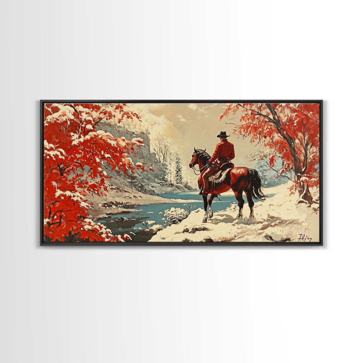 Cowboy resting by campfire under aspen trees with mountains in background, Framed Canvas Print, rustic wall art, warm western decor piece