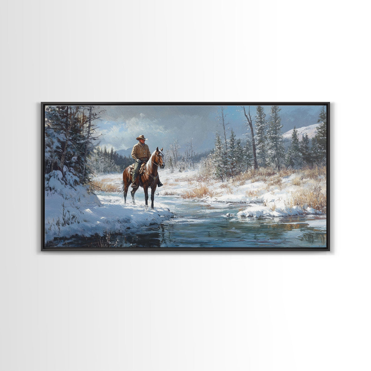 Cowboy riding horse through vibrant autumn forest, Framed Canvas Print, tall fall wall art, rustic western decor, moody landscape