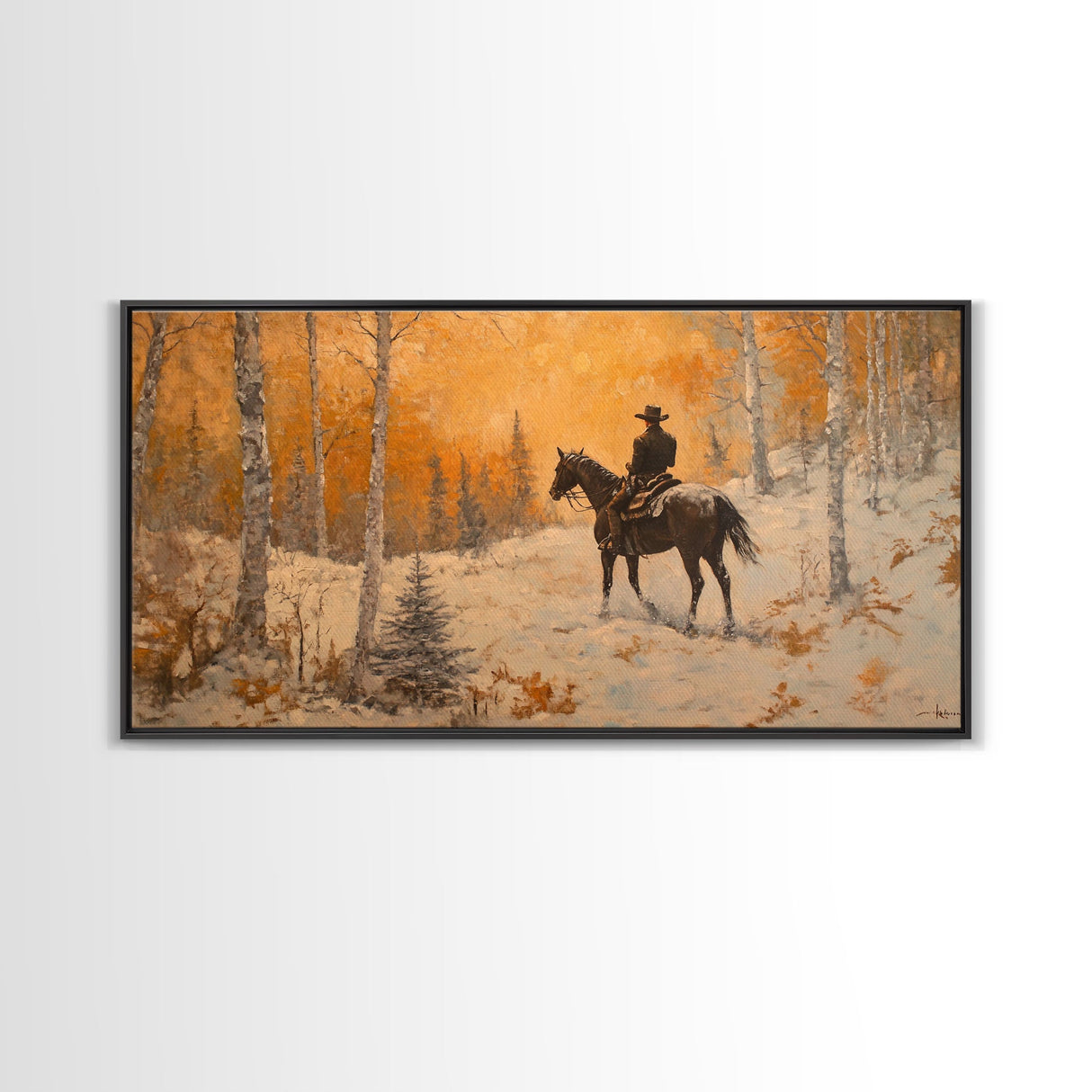 Cowboy riding horse through deep snow in a winter storm, Framed Canvas Print, dynamic winter wall art, rustic western home decor