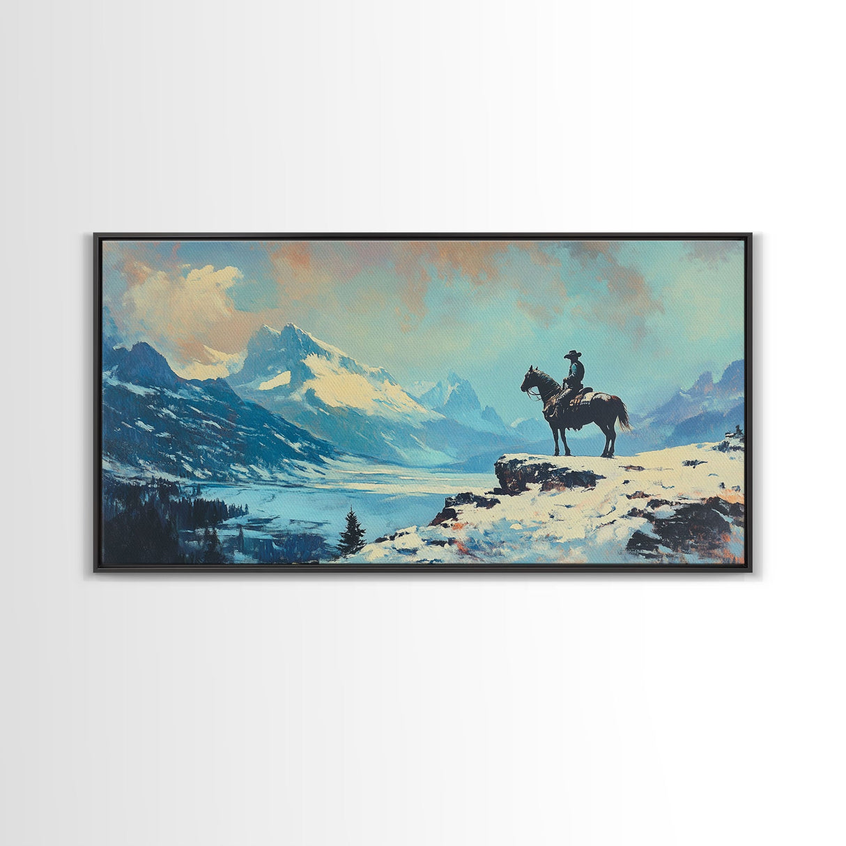 Smiling cowgirl in snow with autumn trees, Framed Canvas Print, rustic wall art winter autumn, tall art piece farmhouse country decor