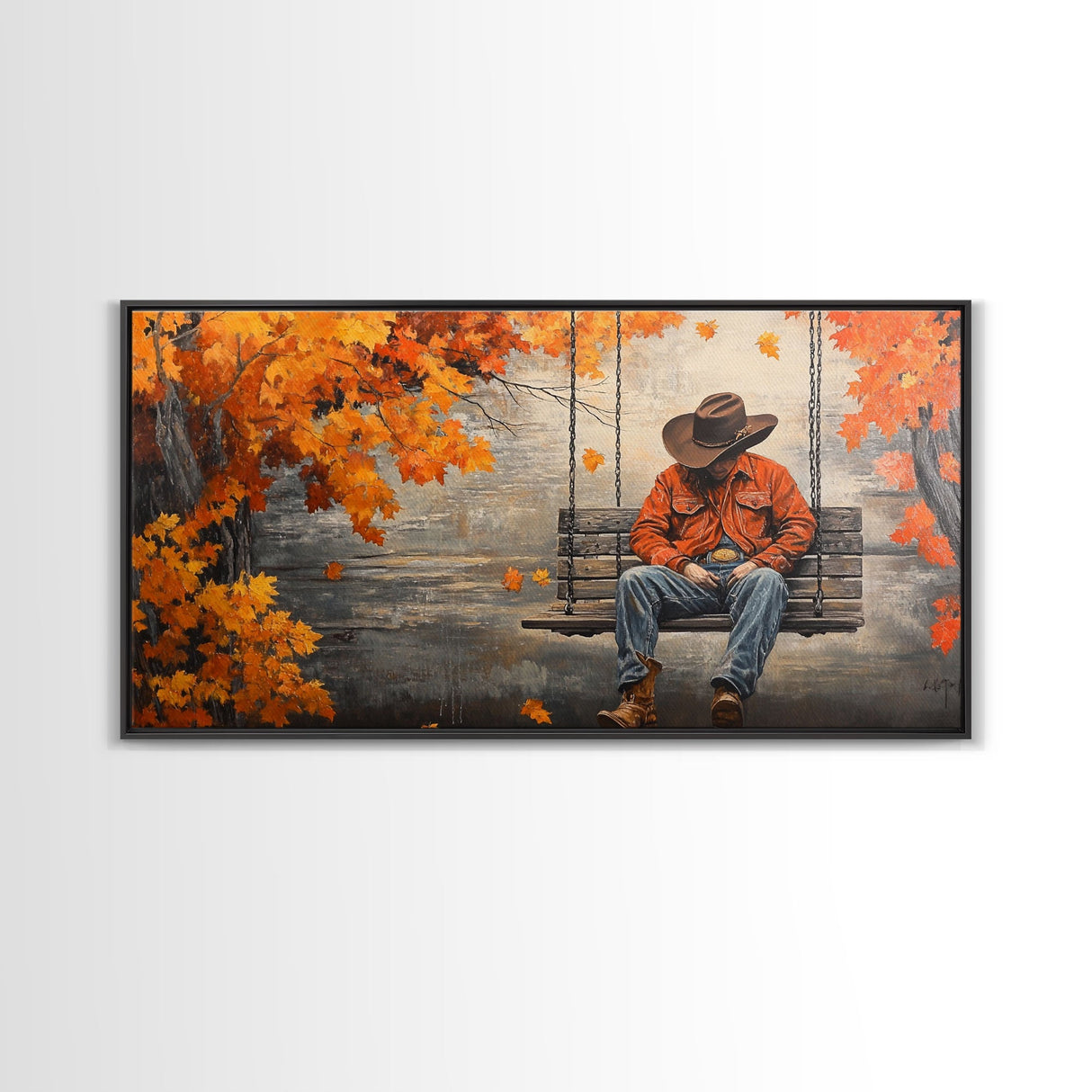 Monochrome Framed Canvas Print of a woman in a snowy field holding red flowers, moody landscape wall art and rustic winter holiday decor