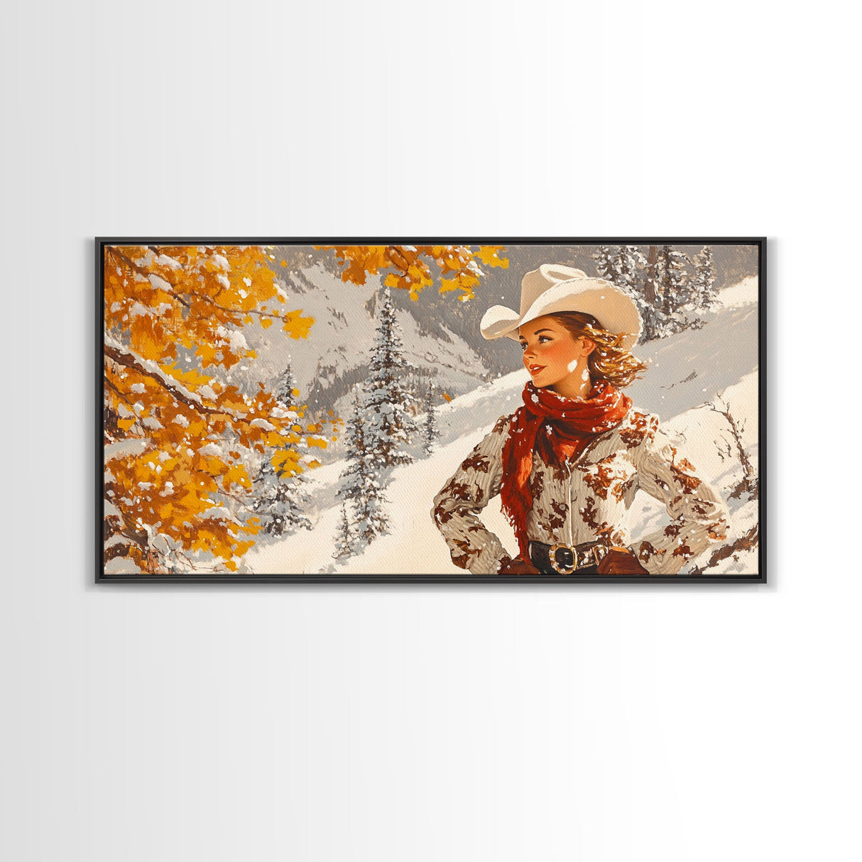 Charming Framed Canvas Print of a Cowgirl in Autumn Leaves, Perfect Fall Wall Decor and Gift Idea for Fans of Western Art Rustic Home Decor