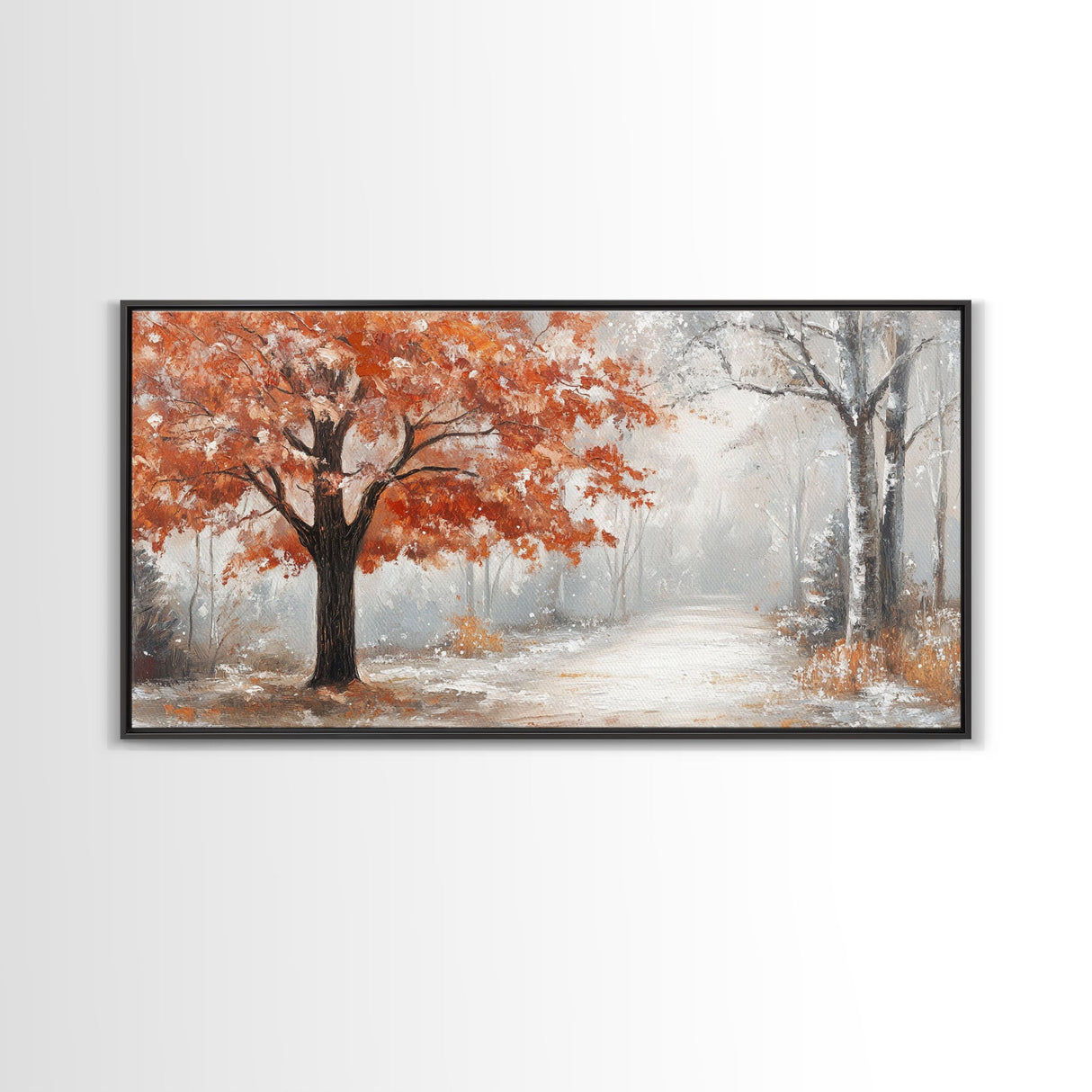 Misty Forest Path with Orange Leaves Framed Canvas Print, Ideal Autumn Decor or Fall Wall Art for Cozy Home Interiors