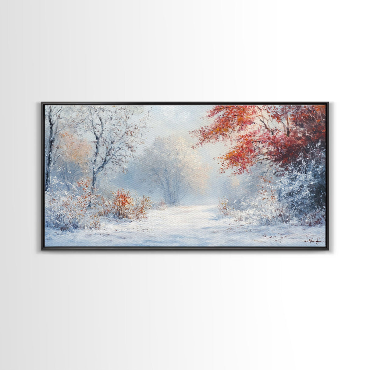 Cozy Cabin in the Snow Framed Canvas Print, Ideal Christmas Holiday Wall Art for Winter Wonderland Decor and Festive Home Interiors
