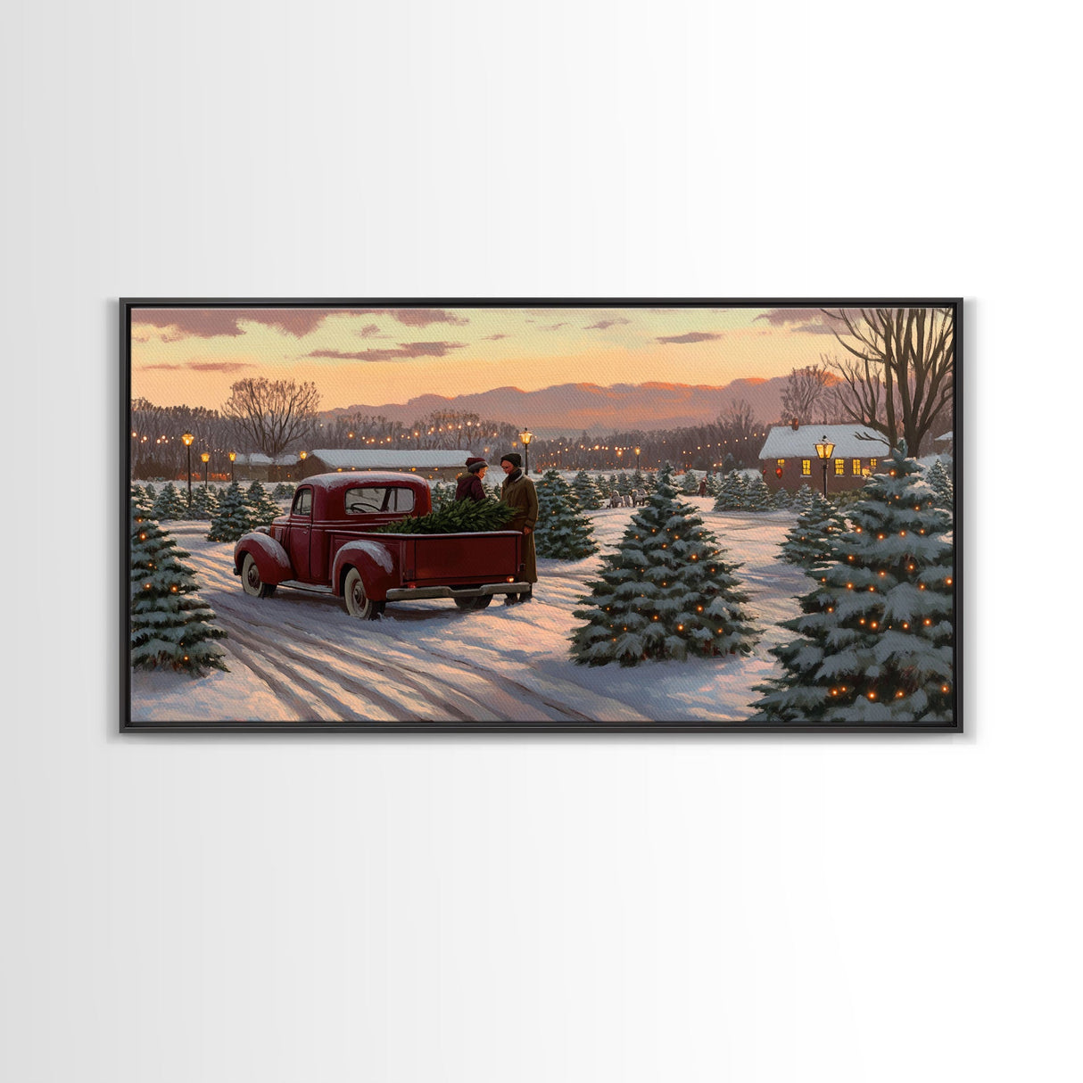 Christmas Tree Farm Framed Canvas Print, Red Truck Winter Scene, Farmhouse Christmas Decor, Christmas Vacation Decor, Holiday Art Gift