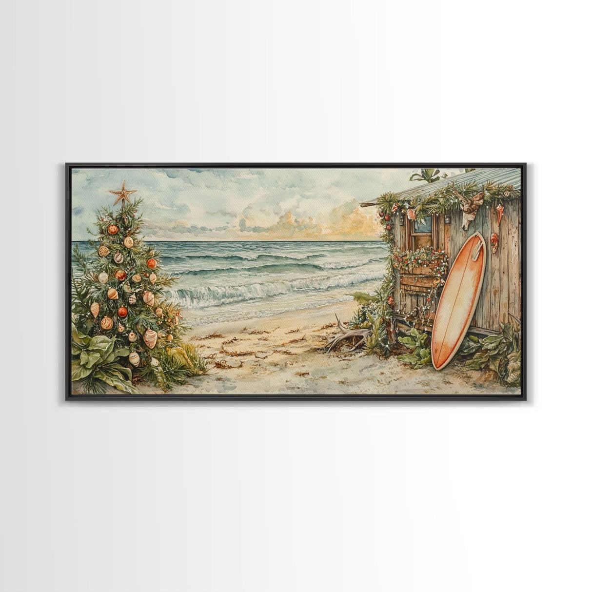 Christmas Tree Beside Rustic Beach House Coastal Holiday Scene Framed Canvas Print, Beach Christmas Wall Art And Decor
