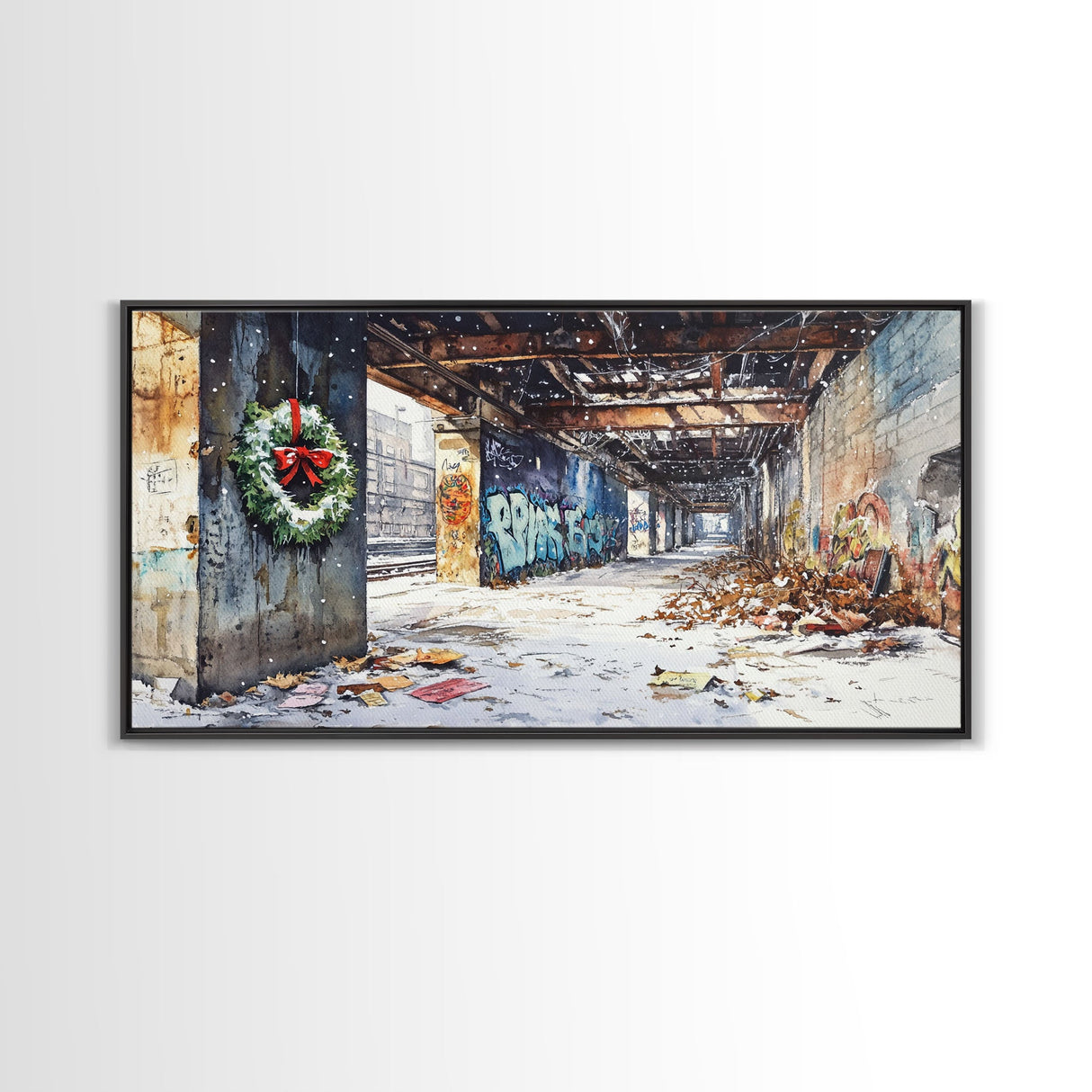 Rustic Urban Wreath Holiday Decor Framed Canvas Print, Christmas Scene with Snowfall and Graffiti Wall Perfect Holiday Wall Art