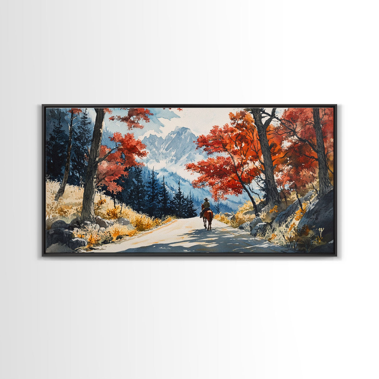 Cowboy Riding In Winter Snow Framed Canvas Print Tall Art Winter Landscape Rustic Christmas Decor Western Home Wall Art Mountain Gift Idea