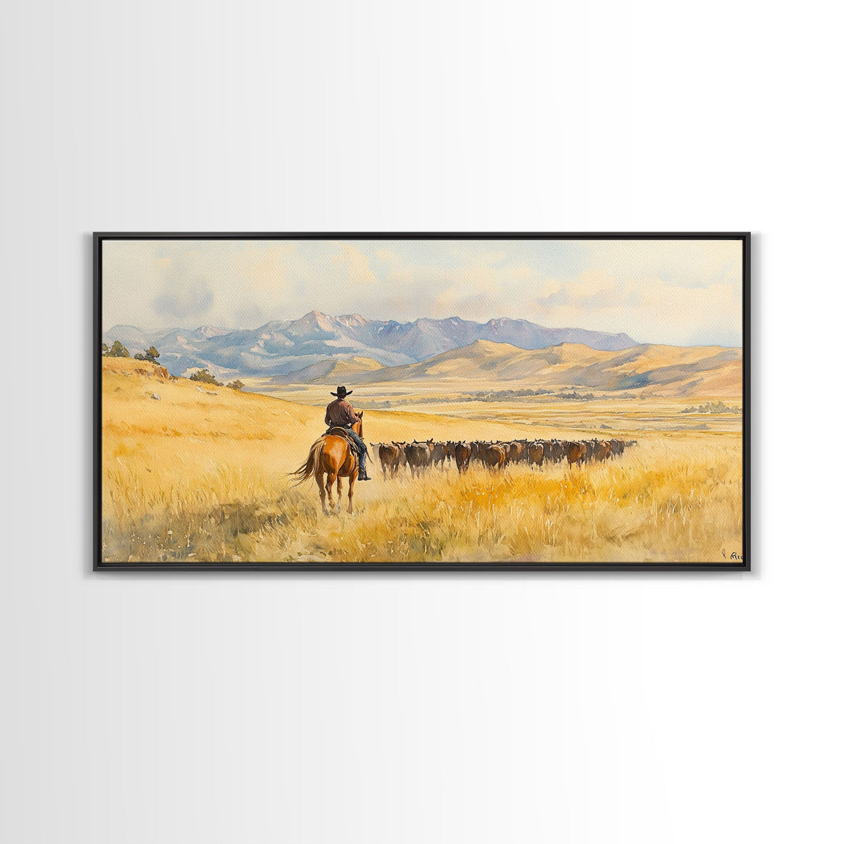 Cowboy On Snowy Path Framed Canvas Print Tall Art Winter Wonderland Western Christmas Decor Rustic Winter Wall Art Gift Cowboy Holiday Gift