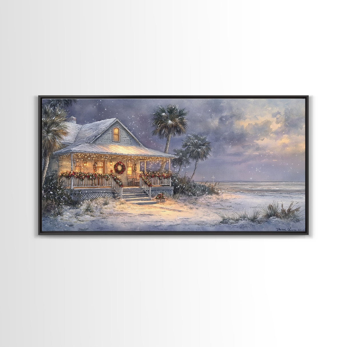 Christmas beach decor scene in tropical house with wreath and lights, Framed Canvas Print palm trees snow, winter art and holiday home decor