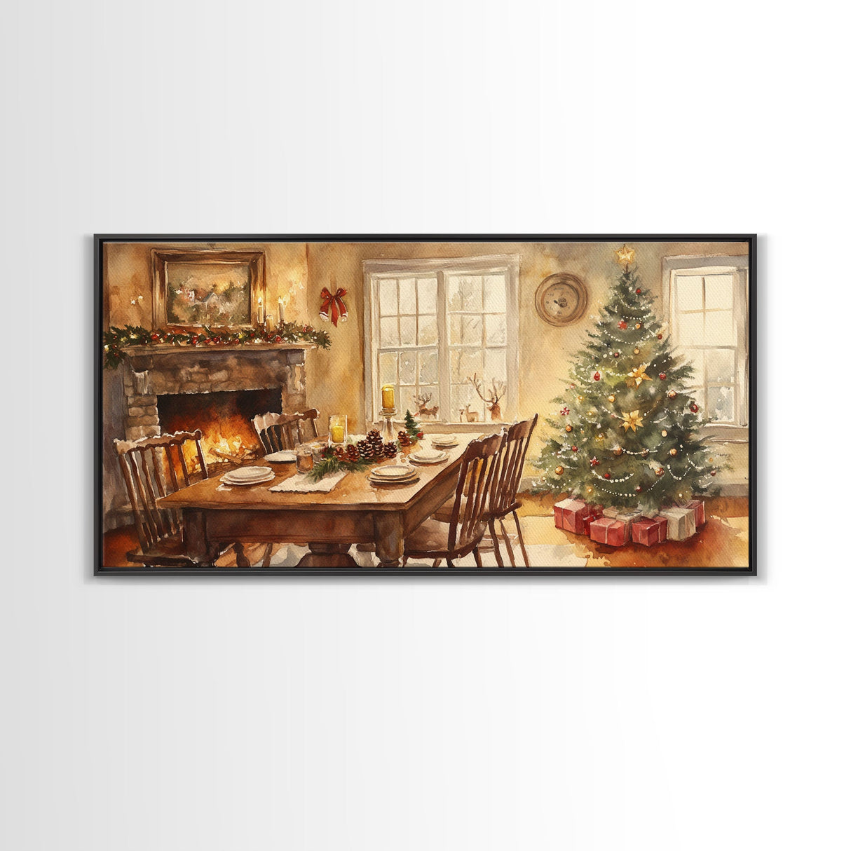 Rustic Christmas dining room scene with a Christmas tree, Framed Canvas Print with a festive table warm fireplace, farmhouse holiday decor