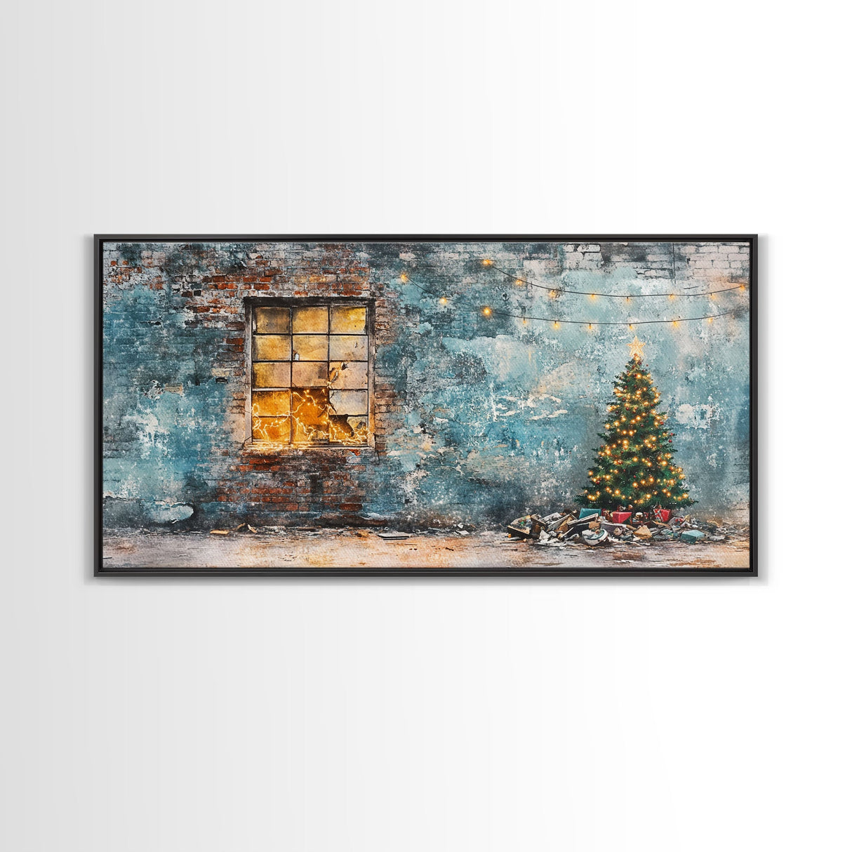 Rustic urban Christmas wall art with a glowing window and decorated tree, framed canvas print perfect seasonal decor, winter holiday display