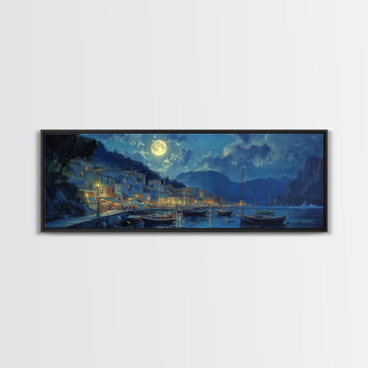 Midnight in Portofino - Full Moon - Italian Oil Painting Canvas Print - Whimsical / Eclectic Landscape Painting - Minimalist Boho Home Decor