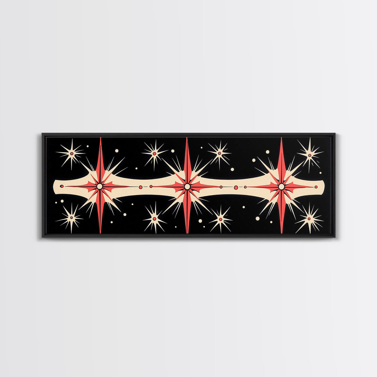 Neutral Star Burst Framed Canvas Print, Abstract Atomic Age Wall Art, Mid-Century Modern 1950s Style Home Decor, Large Scale Art