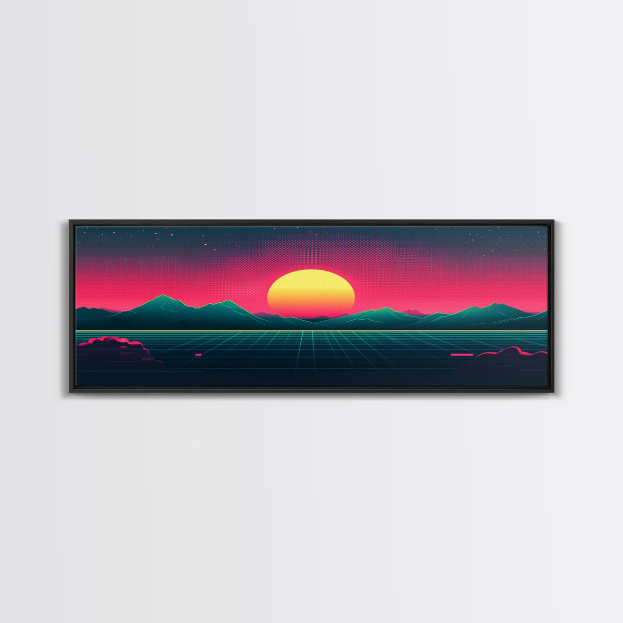 Synthwave Sunset Over The Mountains, Wireframe Art, Framed Canvas Print, Wire Frame Retro 1980s Style Wall Art