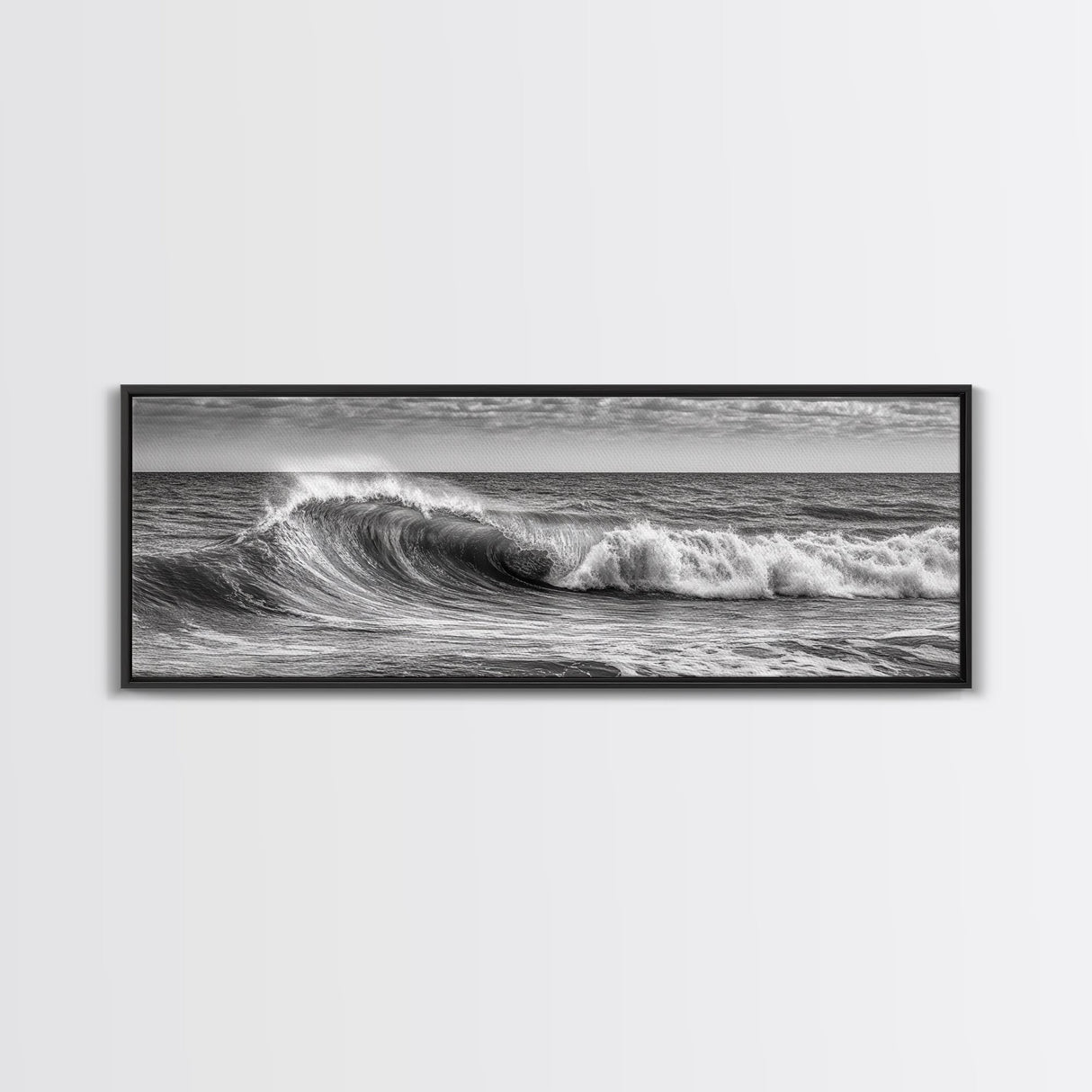 Subdued Black and White Ocean Photography Style Print, Panoramic Wall Art, Wood Framed Canvas Art, Seascapes, Nautical Decor