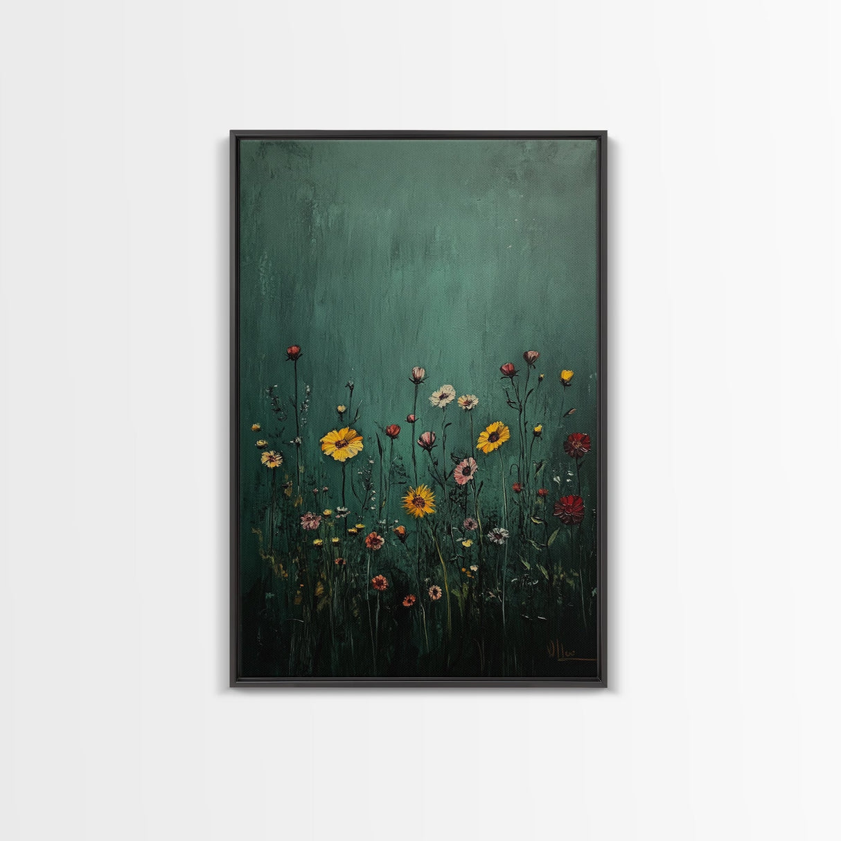 Wildflower Print, Oil Painting Flower Canvas Print Boho Botanical Wall Art, Dark and Moody Home Decor, Minimalist Bouquet