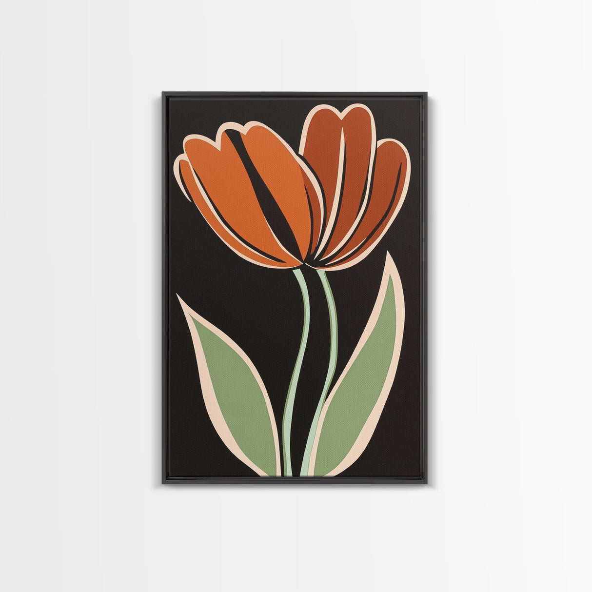 Orange Tulip with Black Background, Framed Canvas Print, Cute Floral Print, Botanical Minimalist Home Decor