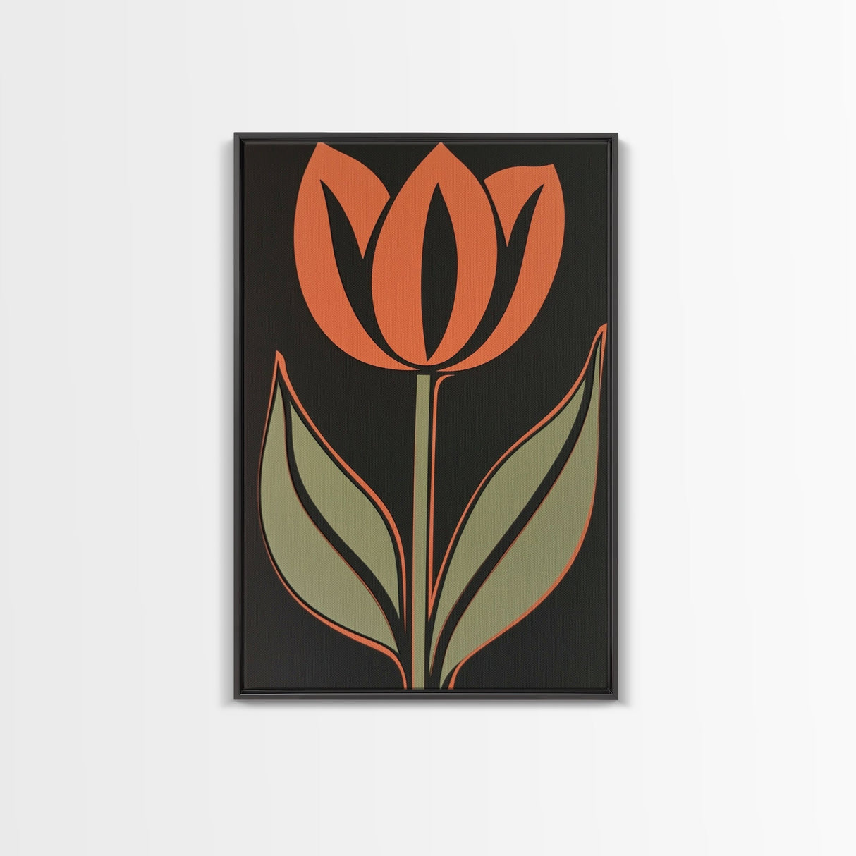 Framed Canvas Wall Art, Dark Botanical Black Background Orange Flower Modern Boho Wall Art Living Room Decor Above Sofa