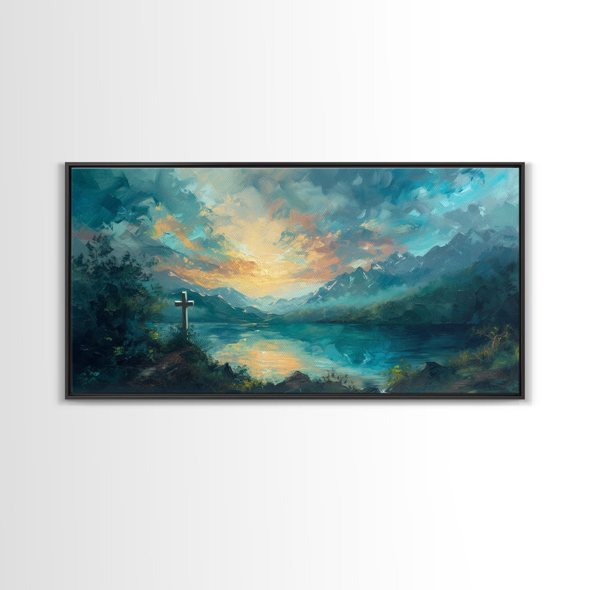 Painting Of a Cross And a Beautiful Landscape, Framed Canvas Print, Christian Wall Art
