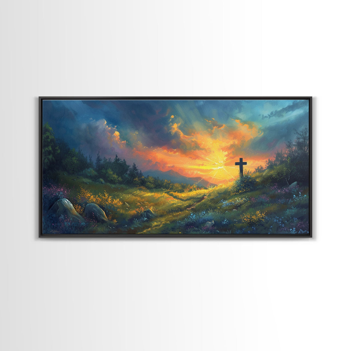 Painting Of a Cross in A Beautiful Landscape Christian Wall Art Framed Canvas Print