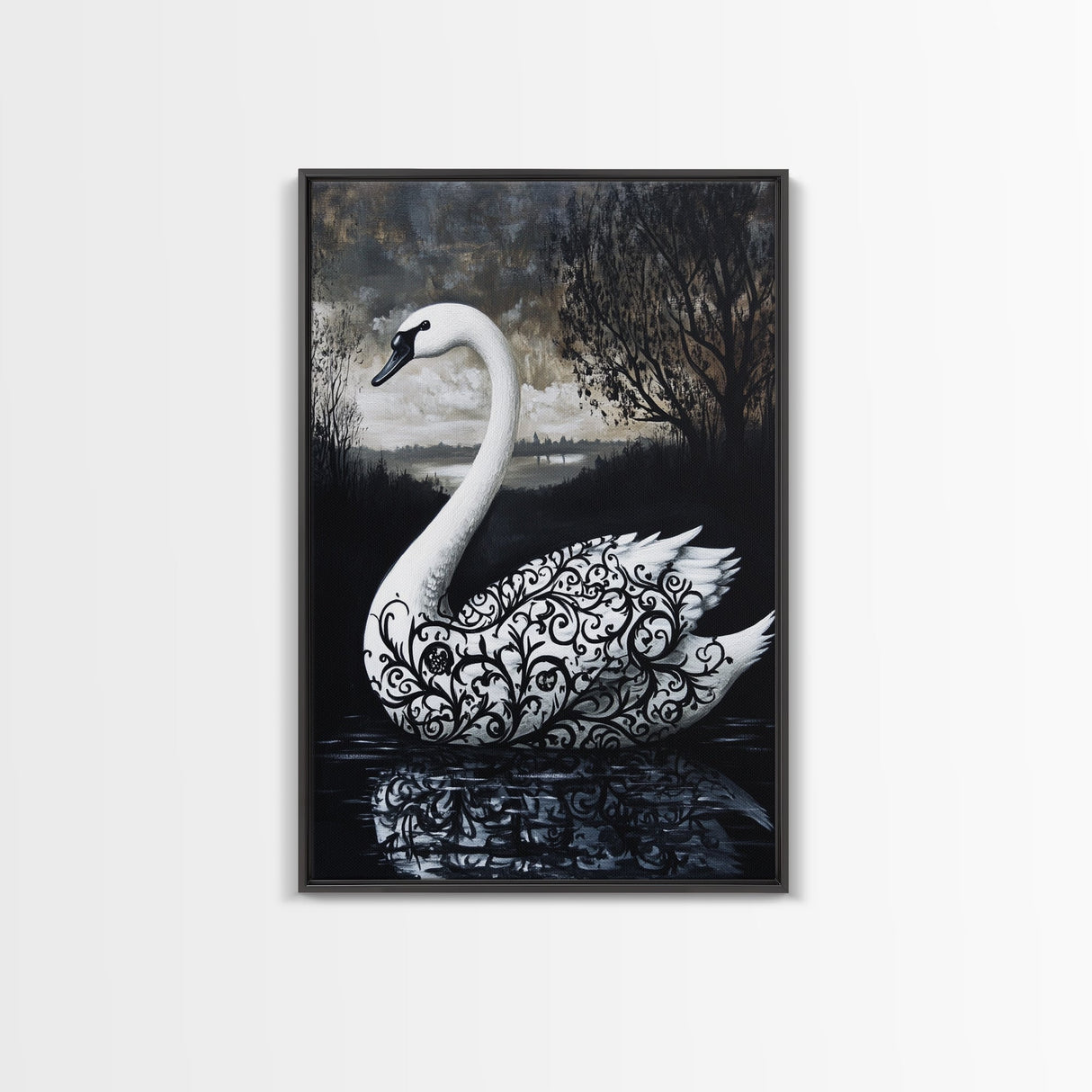Elegant Gothic Swan Canvas Print | Framed Swan Poster Canvas | Wildlife Decor, animal prints, Swan Painting, Rustic Home Decor, Living Room Art
