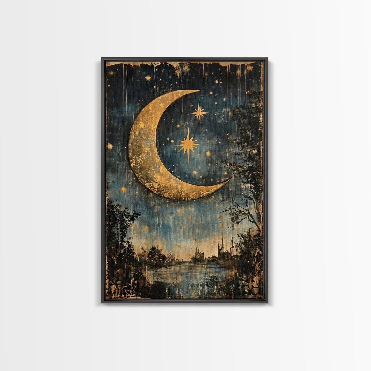 Crescent Moon in Starry Night Sky, Folk Art Framed Canvas Print, Boho Eclectic Decor, Minimalist Witchy Wall Art, Moody Decor