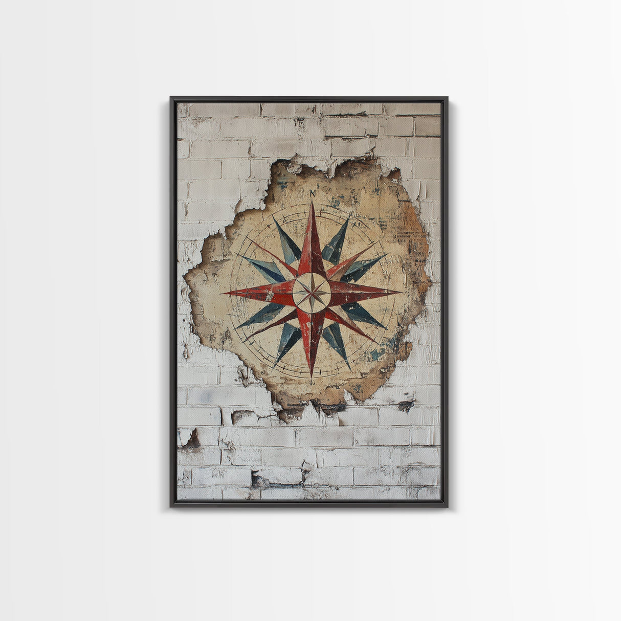 The Compass Rose Behind The Wall Framed Canvas Print, Beach Wall Decor, Travel Decor, Vacation Gift Idea
