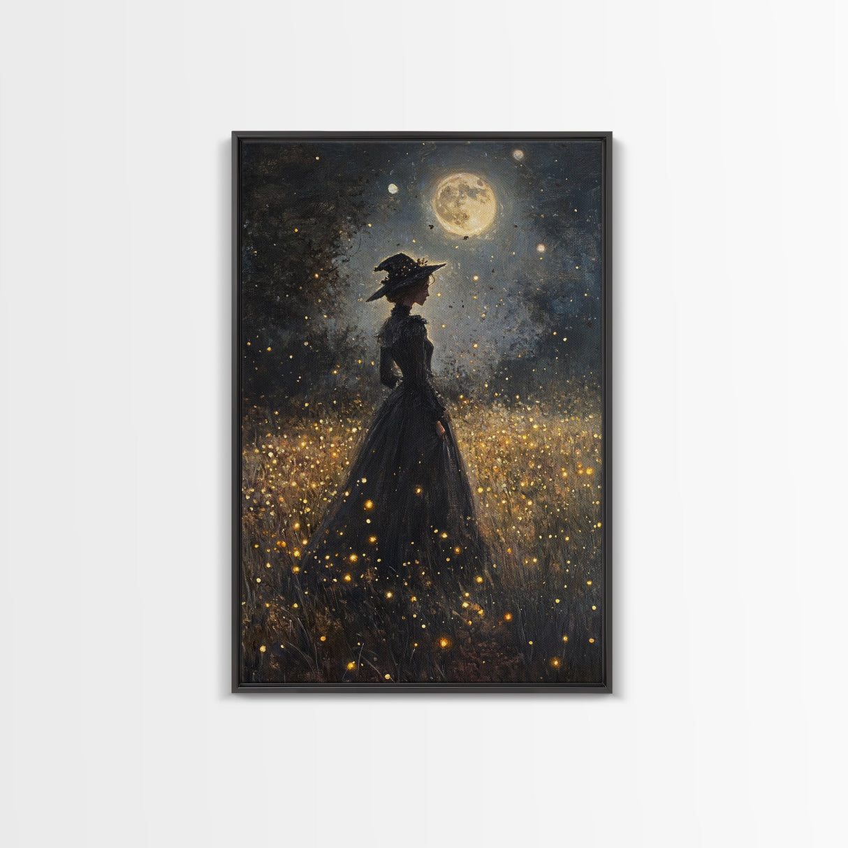 Witch Under a Full Moon Framed Canvas Print, Vintage Art Prints, Dark Academia, Witchy Gifts, Halloween Prints, Gothic Wall Art