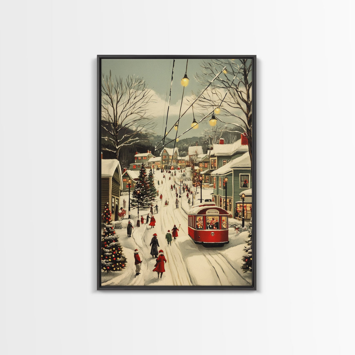 Vintage Christmas Trolley Painting Print, Framed Canvas Art, Christmas Village Wall Art