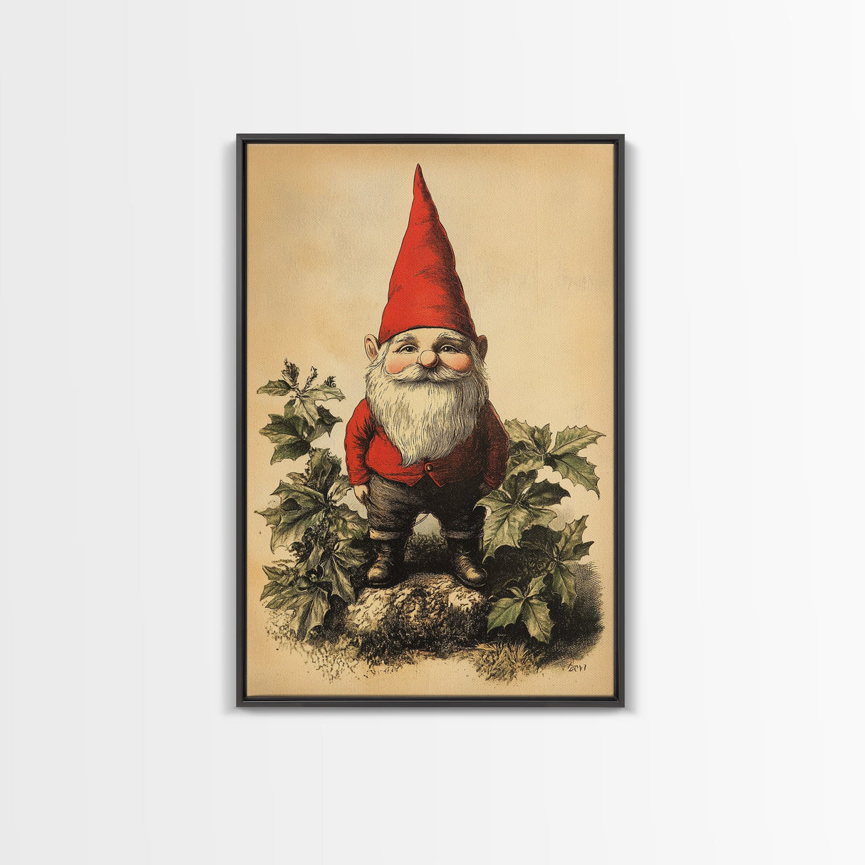 Painting of a Gnome Canvas Print - Framed Canvas - Minimalist Christmas Art - Boho Christmas Art - Rustic Christmas Art