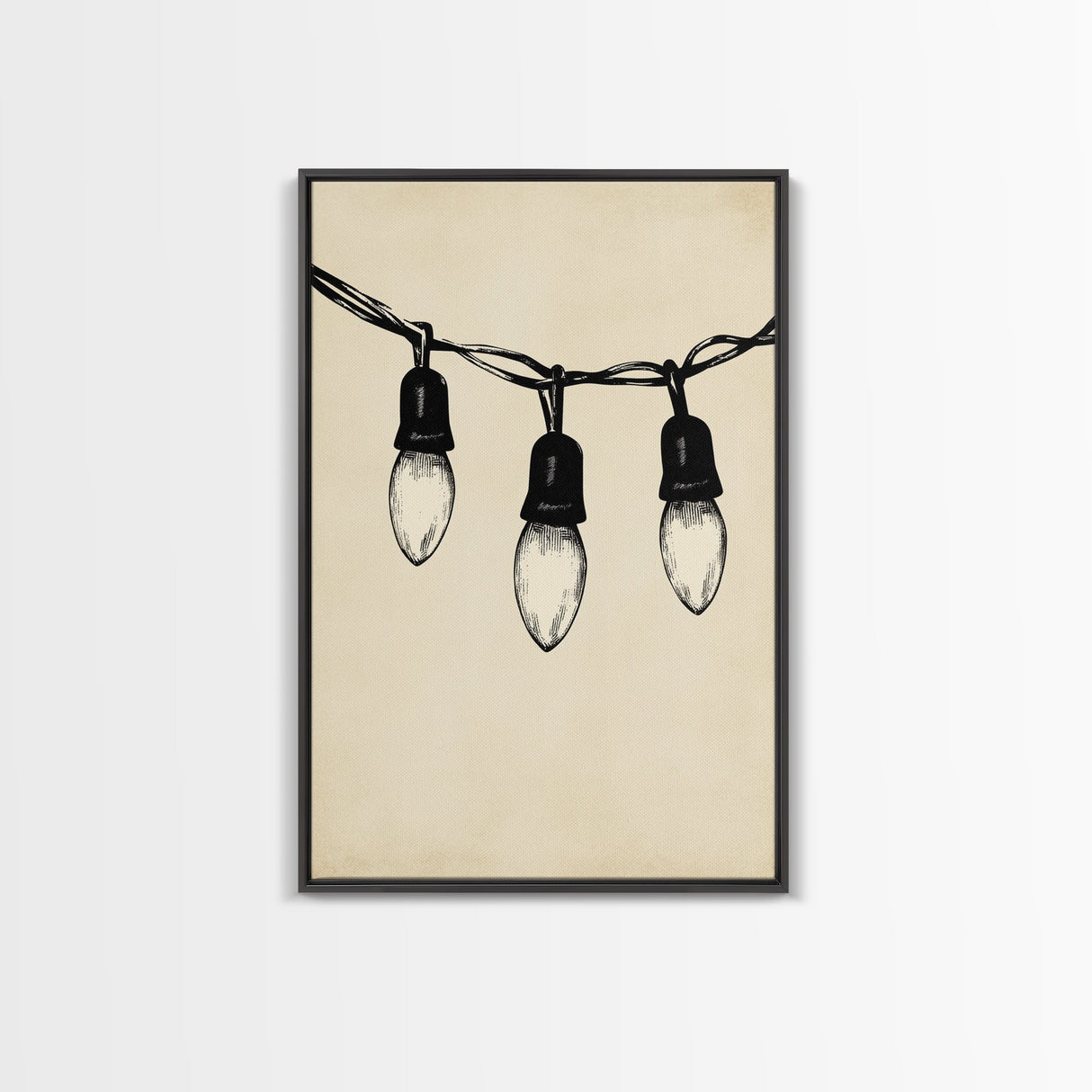Black and White Sketch of Christmas Lights Canvas Print - Framed Canvas - Minimalist Christmas Art - Boho Christmas Art - Rustic Christmas Art