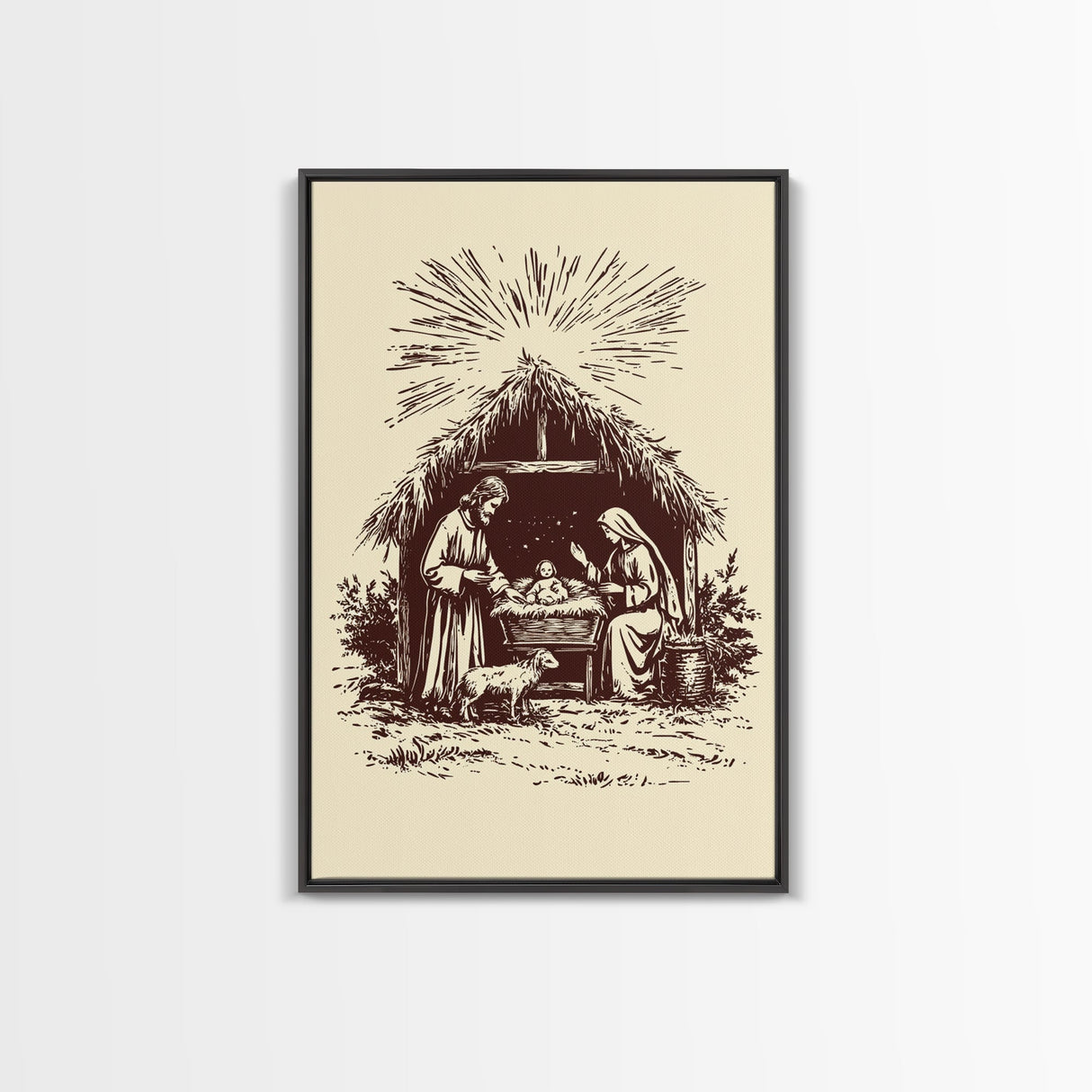 Retro Nativity Scene Canvas Print - Framed Canvas - Minimalist Christmas Art - Boho Christmas Art - Rustic Christmas Art