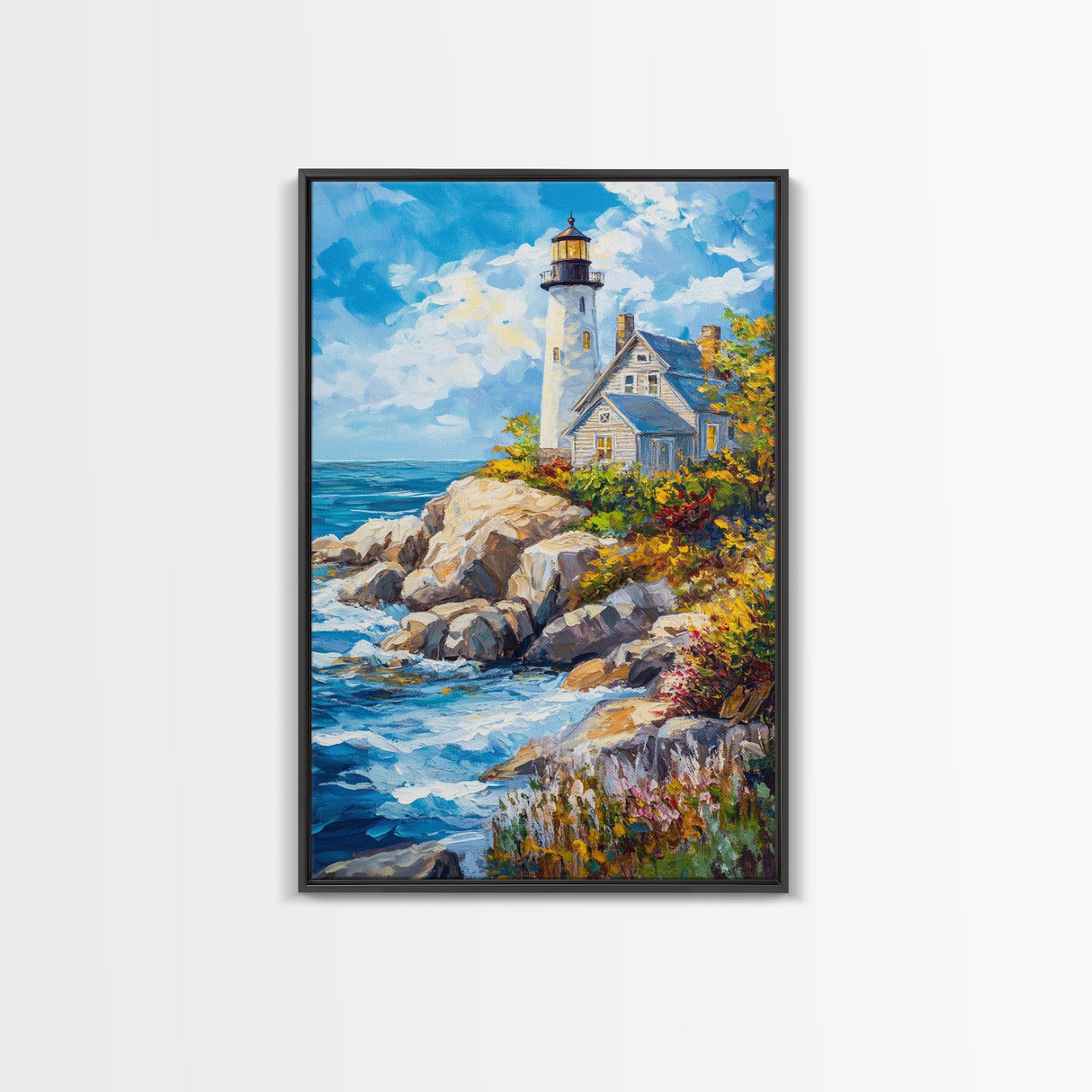 Lighthouse in Maine Framed Canvas Print, Maine Oil Painting, Coastoal Home Decor, Nautical Wall Art, Light House Oil Painting