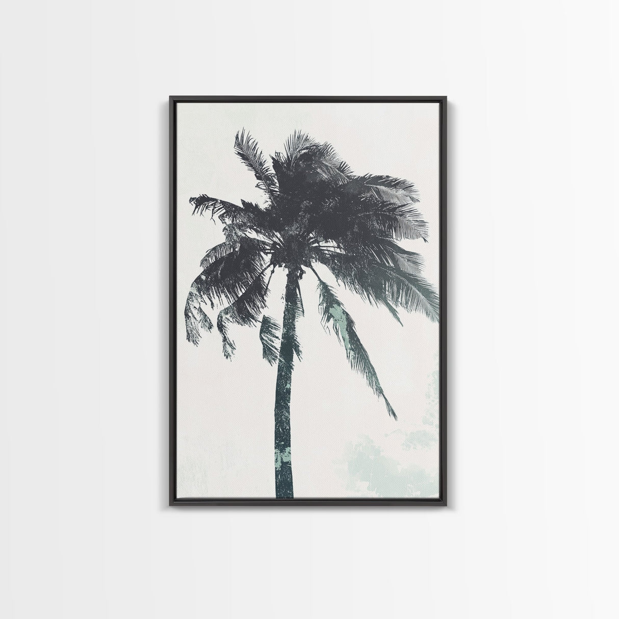Palm Tree In The Wind, Framed Canvas Print, Wabi Sabi Watercolor Painting of a Palm Tree, Statement Piece Art