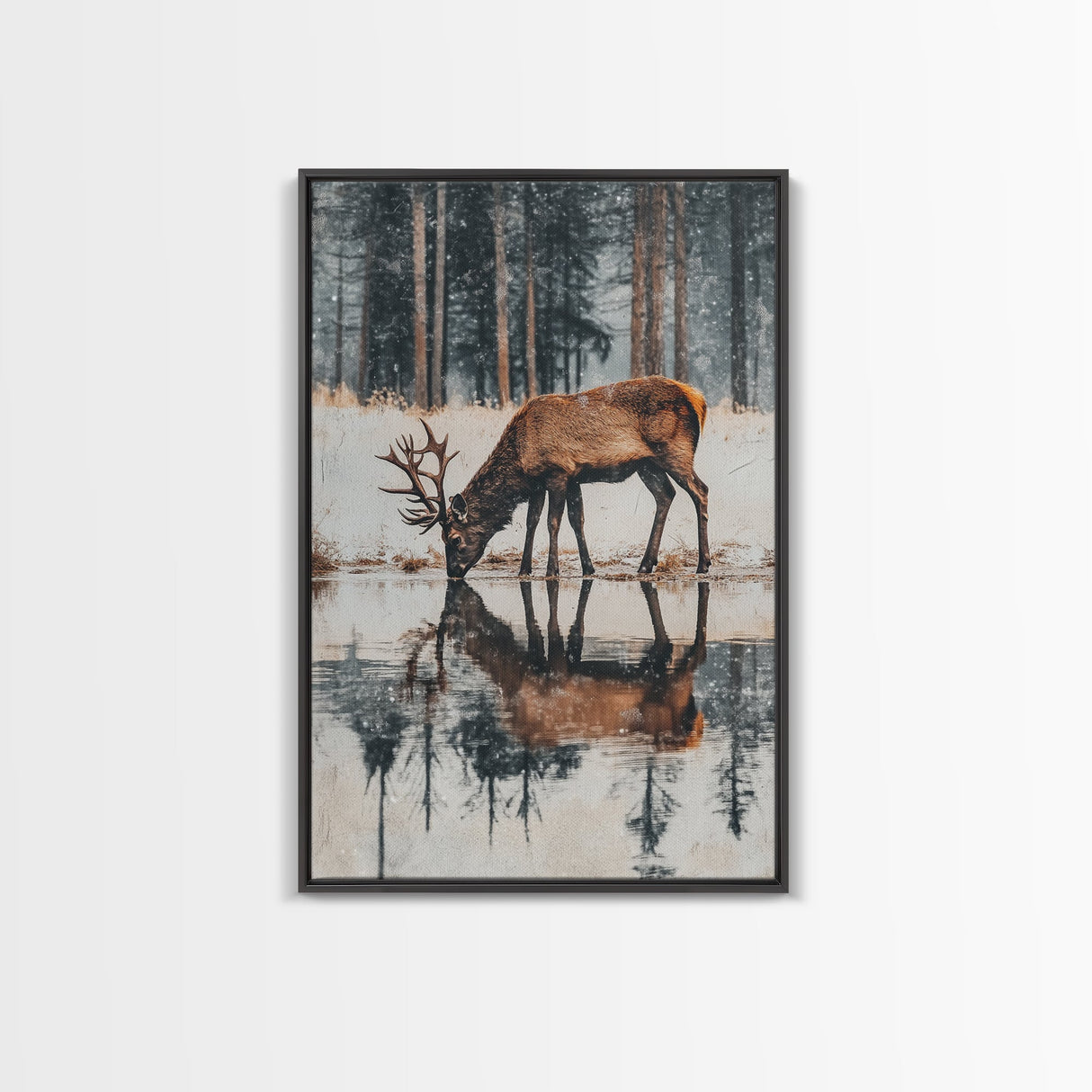 Elk Drinking Water Oil Painting Print, Framed Canvas, Deer Drinking Water In Forest Painting, Nature Decor, Cabin Wall Art, Winter Wall Art