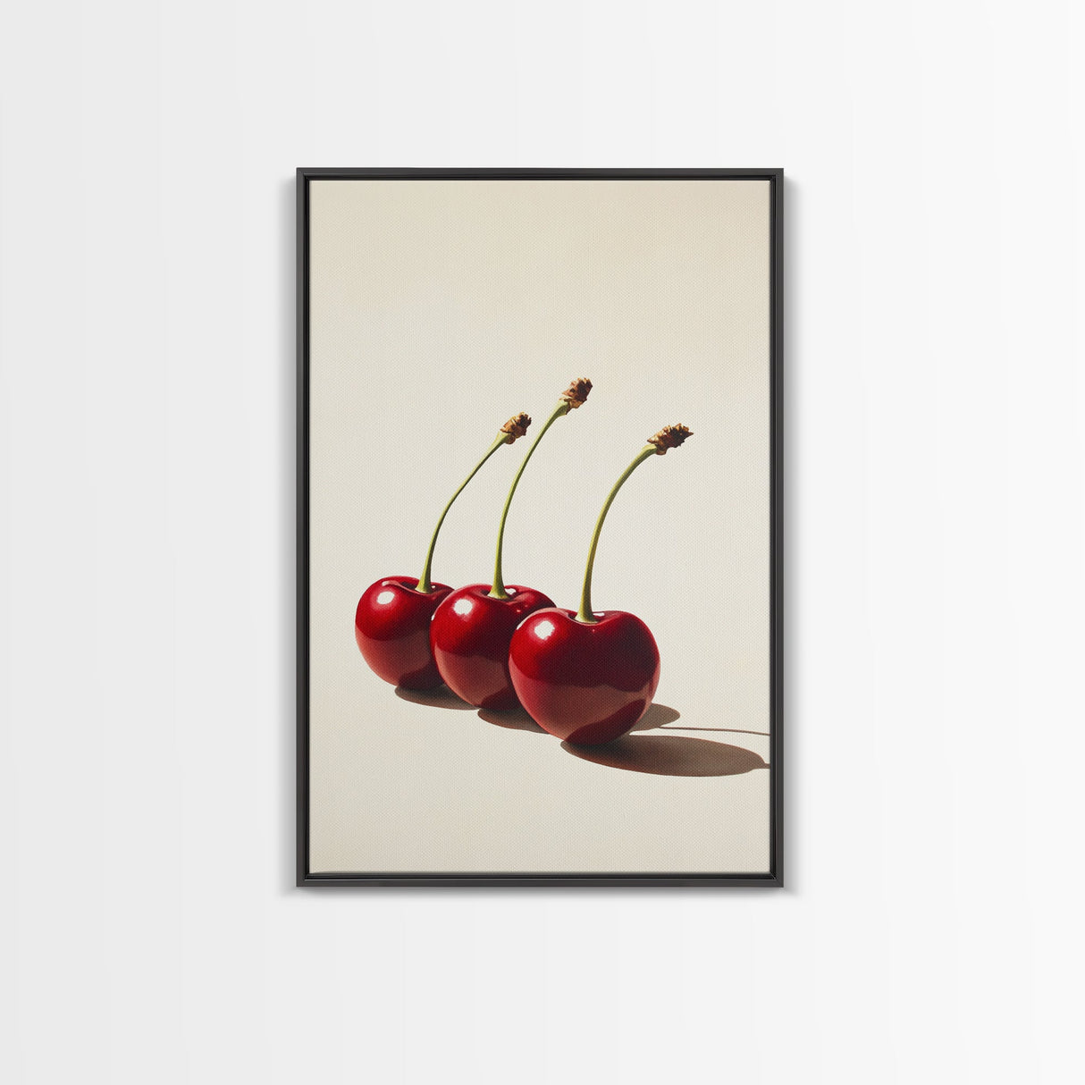 Three Cherries Framed Canvas Print, Cherry Painting, Cherry Wall Art, Ready To Hang Painting, Framed Wall Art, Photorealism, Fruit Art