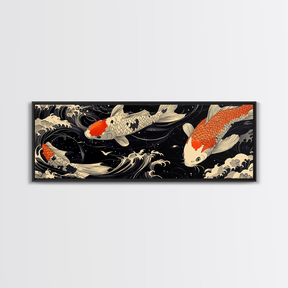 Wabi Sabi Boho Painting Print of Ko Fish, Japanese Style Decor, Panoramic Horizontal Wall Art, Extra Wide 70 Inch Wall Art, 72 Inch Wide Art