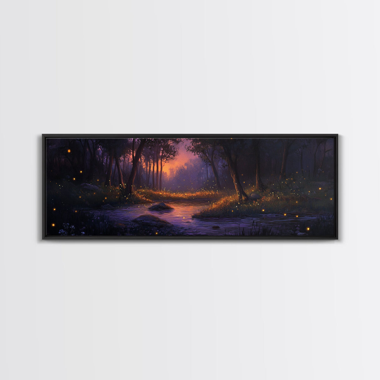 Panoramic Fantasy Forest Canvas Print, Fireflies Light Up The Night Sky in A Fantasy Forest, Fantasy Painting