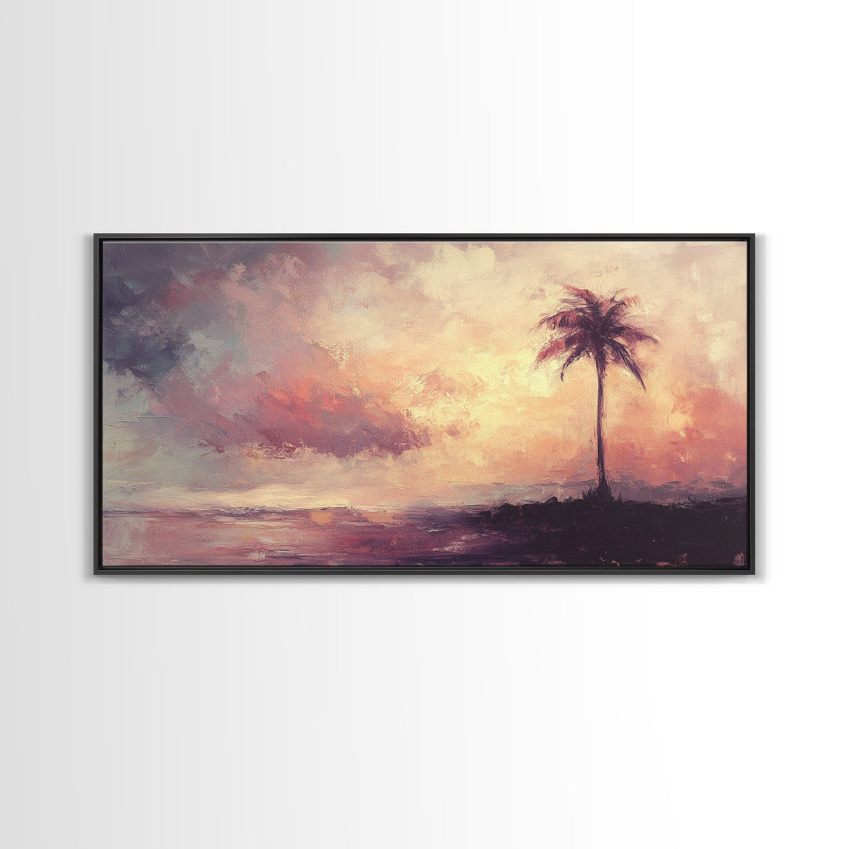 The Beach and the Palm Tree Framed Canvas Print, Nautical Home Decor, Nautical Nursery Art, Moody Beach Painting, Seascape painting